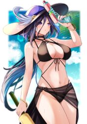Rule 34 | 1girl, absurdres, alternate costume, armpit crease, bare shoulders, bikini, black bikini, black bow, black choker, black hat, black sarong, blush, bow, bracelet, breasts, choker, cleavage, clorinde (genshin impact), commentary request, cowboy shot, criss-cross straps, earrings, genshin impact, groin, hair between eyes, hair bow, hat, hat feather, highres, holding, holding water gun, jewelry, large breasts, large hat, long hair, looking ahead, multicolored hair, navel, o-ring, o-ring bikini, o-ring top, open mouth, purple eyes, purple hair, sarong, shibakame, solo, standing, stomach, streaked hair, swimsuit, water gun, wet