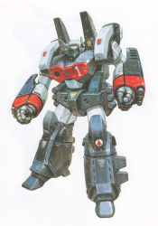 Rule 34 | arm cannon, choujikuu yousai macross, clenched hands, looking at viewer, macross, mecha, no humans, official art, reactive armor, realistic, retro artstyle, robot, science fiction, solo, standing, takani yoshiyuki, variable fighter, vf-1, vf-1j, vf-1j armored, visor, weapon, white background