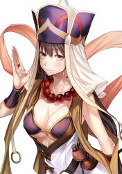 Rule 34 | 1girl, bead necklace, beads, breasts, collarbone, earrings, fate/grand order, fate (series), hat, hoop earrings, jewelry, large breasts, looking at viewer, necklace, pink eyes, pokan (xz1128), ring, shawl, simple background, smile, solo, white background, xuangzang sanzang (fate)