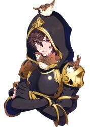 Rule 34 | 1boy, ahoge, animal, animal on head, animal on shoulder, annoyed, armor, bird, bird on head, bird on shoulder, breastplate, brown hair, commentary request, cropped torso, crossed arms, fingerless gloves, gloves, granblue fantasy, hair between eyes, highres, hood, hood up, looking at viewer, makita (homosapiensu), male focus, messy hair, on head, red eyes, sandalphon (granblue fantasy), short hair, simple background, solo focus, sparrow, sweatdrop, too many, too many birds, white background