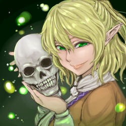 Rule 34 | 1girl, arm warmers, blonde hair, brown shirt, closed mouth, commentary request, green background, green eyes, hair between eyes, half updo, holding, holding skull, lips, long bangs, looking at viewer, looking to the side, mizuhashi parsee, pointy ears, scarf, seiya (cardigan), shirt, short hair, short ponytail, skull, smile, solo, touhou, upper body, white scarf