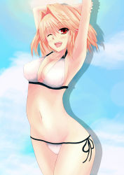 Rule 34 | 00s, 1girl, arcueid brunestud, armpits, arms up, bad id, bad pixiv id, bikini, blonde hair, breasts, cleavage, face, hair intakes, highres, kanogi, large breasts, navel, one eye closed, red eyes, short hair, smile, solo, swimsuit, tsukihime, wink