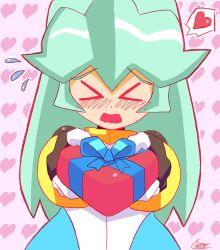 Rule 34 | 1girl, 2018, blush, box, capcom, dated, closed eyes, gift, green hair, heart, heart-shaped box, heart background, highres, holding, holding gift, long hair, open mouth, pandora (mega man), patterned, patterned background, pov, ribbon, mega man (series), mega man zx, shoutaro saito, signature, solo, solo focus, speech bubble
