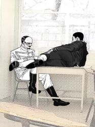 Rule 34 | 2boys, ass, baebaepls, eye contact, facial hair, full body, goatee, golden kamuy, looking at another, lying, male focus, military uniform, multiple boys, mustache, on side, on table, photo-referenced, photo background, profile, short hair, sitting, table, tsurumi tokushirou, uniform, usami tokishige
