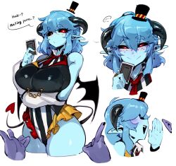 Rule 34 | 1boy, 1girl, black sclera, blue skin, borrowed character, breasts, card, colored sclera, colored skin, demon girl, demon tail, doppel (bonnypir), english text, highres, horns, huge breasts, leotard, looking at viewer, opaluva (character), original, purple skin, red eyes, sequential set, tail