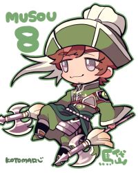 Rule 34 | 1boy, :3, brown hair, chinese clothes, copyright name, dual wielding, facial hair, full body, goatee stubble, green eyes, green hat, green outline, green pants, halberd, half-closed eyes, hat, holding, holding polearm, holding weapon, kotorai, long sleeves, looking ahead, ma dai, male focus, no nose, outline, pants, polearm, shin sangoku musou, shin sangoku musou 8, signature, simple background, smile, solo, stubble, weapon, white background