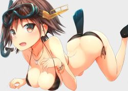 Rule 34 | 10s, 1girl, all fours, ass, bent over, bikini, black bikini, breasts, brown hair, butt crack, cleavage, diving mask, flippers, goggles, hairband, headgear, hiei (kancolle), kantai collection, large breasts, open mouth, short hair, simple background, snorkel, solo, sune (mugendai), suneo, swimsuit, wide hips
