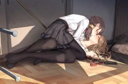 Rule 34 | 2girls, bag, benevole, black bag, black pantyhose, black skirt, blonde hair, blush, bow, bowtie, brown hair, cellphone, closed eyes, collarbone, commentary request, crying, dress shirt, hair ornament, hair scrunchie, highres, holding hands, indoors, kiss, light particles, long hair, long sleeves, low side ponytail, multiple girls, neck ribbon, no shoes, original, pantyhose, phone, pleated skirt, red bow, red bowtie, ribbon, school bag, school uniform, scrunchie, shirt, skirt, smartphone, straddling, sunlight, undone bowtie, undone neck ribbon, white shirt, yellow scrunchie, yuri