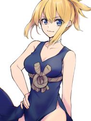 Rule 34 | 1girl, :3, bare arms, blonde hair, blue dress, blue eyes, breasts, choker, closed mouth, collarbone, commentary request, cowboy shot, dr. stone, dress, hand on own hip, highres, kohaku (dr. stone), looking at viewer, maru (pixiv51714255), ponytail, rope belt, smile, upper body, white background, white choker