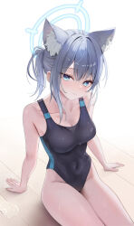 Rule 34 | 1girl, absurdres, animal ear fluff, animal ears, arm support, bare shoulders, black one-piece swimsuit, blue archive, blue eyes, blue halo, blush, breasts, cleavage, closed mouth, clothing cutout, collarbone, covered navel, extra ears, grey hair, hair ornament, halo, hashtag-only commentary, highres, light smile, looking at viewer, medium breasts, mismatched pupils, multicolored clothes, multicolored swimsuit, official alternate costume, official alternate hairstyle, one-piece swimsuit, ponytail, rable, shiroko (blue archive), shiroko (swimsuit) (blue archive), short ponytail, simple background, sitting, smile, solo, swimsuit, thighs, white background, wolf ears, wolf girl