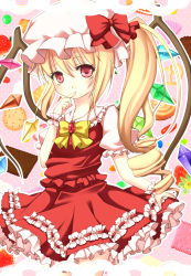 Rule 34 | 1girl, blonde hair, cookie, dress, female focus, finger to mouth, flandre scarlet, food, fruit, harukaruha, hat, highres, red dress, red eyes, side ponytail, solo, strawberry, embodiment of scarlet devil, touhou, wings