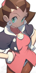 Rule 34 | 1girl, artist name, blush, breasts, brown hair, buttons, closed mouth, commentary, covered collarbone, cropped jacket, crotch plate, dress, earrings, gloves, green eyes, hair ornament, hands on own hips, hata4564, highres, jacket, jewelry, lips, long hair, looking at viewer, mega man (series), mega man legends (series), open clothes, open jacket, pantyhose, pink dress, pink gloves, shiny clothes, short dress, short sleeves, signature, simple background, skin tight, small breasts, solo, the misadventures of tron bonne, tron bonne (mega man), white background