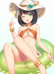 Rule 34 | 1girl, anklet, bikini, black hair, bracelet, breasts, cleavage, green eyes, halterneck, hat, index finger raised, innertube, jewelry, looking at viewer, medium breasts, o-ring, o-ring bikini, one eye closed, open mouth, original, sasaame, simple background, solo, swim ring, swimsuit, white background, witch hat