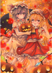 Rule 34 | 2016, 2girls, acrylic paint (medium), arm up, bat wings, blonde hair, blush, brown theme, colored pencil (medium), dated, fang, flandre scarlet, food, fruit, halloween, happy, hat, holding, jack-o&#039;-lantern, light particles, looking at viewer, mob cap, mosho, multiple girls, orange theme, painting (medium), purple hair, remilia scarlet, short hair, signature, silk, smile, spider web, touhou, traditional media, wings