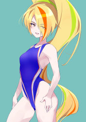 Rule 34 | 1girl, blonde hair, blue background, blue one-piece swimsuit, competition swimsuit, coveredcore, eyes visible through hair, green hair, hair over one eye, highleg, highleg swimsuit, highres, long hair, multicolored clothes, multicolored hair, multicolored swimsuit, nikaidou saki, one-piece swimsuit, orange hair, solo, streaked hair, swimsuit, very long hair, zombie land saga