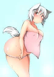 Rule 34 | 1girl, animal ears, ass, bare shoulders, blush, breasts, cleavage, covered erect nipples, eyebrows, fat, from side, frown, highres, huge ass, inubashiri momiji, large breasts, looking at viewer, naked towel, navel, no headwear, no headwear, panties, panty pull, pulled by self, shishi juuroku, short hair, shy, solo, tail, thick eyebrows, thick thighs, thighs, touhou, towel, underwear, white background, white hair, white panties, wolf ears, wolf tail