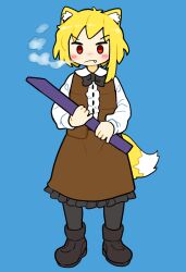 Rule 34 | 1girl, :/, animal ear fluff, animal ears, asymmetrical hair, black bow, black bowtie, black footwear, black pantyhose, blonde hair, blue background, blush, boots, bow, bowtie, breath, brown skirt, brown vest, bseibutsu, center frills, closed mouth, collared shirt, commentary request, cookie (touhou), fang, fox ears, fox girl, fox tail, frills, full body, holding, holding pole, long sleeves, looking at viewer, medium hair, miramikaru riran, pantyhose, pole, red eyes, shirt, short bangs, simple background, single sidelock, skirt, solo, standing, tail, v-shaped eyebrows, vest, white shirt