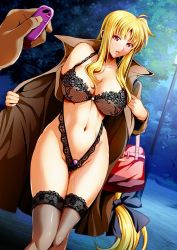 Rule 34 | 1girl, aged up, bag, black bow, black bra, black panties, blonde hair, blush, bow, bra, breasts, cleavage, coat, collarbone, cowboy shot, exhibitionism, fate testarossa, hair bow, itachou, large breasts, lingerie, long hair, looking at viewer, low-tied long hair, lyrical nanoha, mahou shoujo lyrical nanoha, navel, night, open clothes, open coat, outdoors, panties, parted lips, public indecency, pussy juice, red eyes, remote control vibrator, sex toy, shoulder bag, solo focus, stomach, sweat, underwear, very long hair, vibrator, vibrator under clothes, vibrator under panties