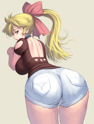 Rule 34 | 1girl, ass, back, bare arms, bent over, blonde hair, blue eyes, bow, breasts, choker, closed mouth, clothing cutout, cowboy shot, diamond (shape), earrings, eyelashes, from behind, glowing, glowing earrings, hair bow, heart, heart cutout, highres, jewelry, kouno (masao), large breasts, long hair, looking back, original, pocket, ponytail, profile, red bow, short sleeves, shorts, simple background, skin tight, solo, spade, white shorts, yellow background