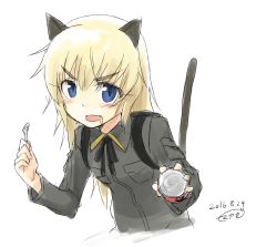 Rule 34 | 1girl, 2016, animal ears, backpack, bag, black ribbon, blonde hair, blue eyes, blush, breasts, cat ears, cat tail, dated, drooling, fang, helma lennartz, holding, long hair, long sleeves, looking at viewer, makaze (t-junction), military, military uniform, open mouth, ribbon, signature, simple background, sketch, small breasts, solo, strike witches, strike witches: suomus misfits squadron, tail, tin can, uniform, white background, world witches series