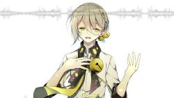 Rule 34 | 1boy, absurdres, bell, black neckwear, braid, commentary, graphic equalizer, grey hair, hair bell, hair ornament, half-closed eyes, hand on own chest, hands up, highres, iori yuzuru, looking to the side, male focus, neck bell, necktie, open mouth, rasu (mtn), shirt, smile, voiceroid, white background, white shirt, yellow eyes, yellow neckwear