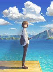 Rule 34 | 1girl, absurdres, backpack, bag, blue eyes, blue sky, brown footwear, brown hair, brown pants, camera, camera around neck, cloud, commentary, commentary request, dated commentary, day, english commentary, from side, full body, hands in pockets, highres, jetty, long sleeves, mixed-language commentary, mountain, ocean, original, outdoors, pants, planetariangaolin, scenery, shirt, shoes, short hair, sky, standing, water, white shirt