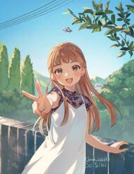 1girl :d artist_name blue_sky blush brown_eyes brown_hair commentary cowboy_shot day dot_nose dress highres long_hair ooisissi open_mouth original outdoors purple_shirt scenery see-through_clothes see-through_shirt shirt sky smile solo standing star_(symbol) straight_hair twitter_username ufo v white_dress