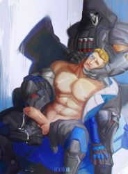 Rule 34 | 2boys, abs, armored boots, artist name, bara, black coat, black gloves, black pants, blonde hair, blue jacket, boots, chest armor, coat, couple, cum, ejaculation, erection, closed eyes, gauntlets, gloves, grabbing, grabbing from behind, hand on another&#039;s face, highres, hood, hood up, hooded coat, jacket, large pectorals, male focus, mask, multicolored clothes, multicolored jacket, multiple boys, muscular, muscular male, navel, nipples, open clothes, open coat, open jacket, open mouth, open pants, oricalcon, overwatch, overwatch 1, pants, pectorals, penis, reaper (overwatch), scouter, shadow, short hair, sitting, sleeping, sleeping upright, soldier: 76 (overwatch), strike-commander morrison, two-tone jacket, yaoi