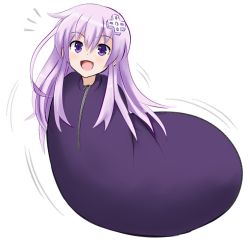 Rule 34 | 10s, 1girl, :d, ^^^, alternate costume, bad id, bad twitter id, blush, cross hair ornament, d-pad, eggplant, eggplant costume, excited, female focus, full body, hair ornament, in container, jadf, long hair, looking at viewer, nepgear, neptune (series), open mouth, purple eyes, purple hair, sack, sidelocks, simple background, smile, solo, what, white background, zipper