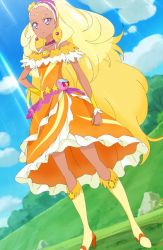 Rule 34 | absurdres, amamiya elena, blonde hair, boots, cure soleil, highres, long hair, mole, mole under eye, precure, purple eyes, screencap, solo, star twinkle precure, stitched, tan, thigh boots, thighhighs, third-party edit