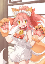 Rule 34 | &gt;:d, 1girl, :d, animal ears, animal hands, apron, bad id, bad pixiv id, bare shoulders, bell, blush, bow, breasts, brown eyes, cat hair ornament, collar, covered erect nipples, cowboy shot, fang, fate/grand order, fate (series), fox ears, fox tail, gloves, hair ornament, hands up, highres, jingle bell, long hair, looking at viewer, maid headdress, medium breasts, open mouth, paw gloves, pink hair, ponytail, red bow, sideboob, sidelocks, smile, solo, standing, tail, tamamo (fate), tamamo cat (fate), tamamo cat (third ascension) (fate), tamamo no mae (fate/extra), tsukiman, v-shaped eyebrows, w arms, white apron