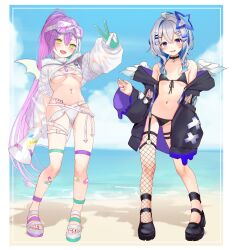 Rule 34 | 2girls, absurdres, amane kanata, amane kanata (punk rock), angel, angel wings, armpit crease, bandaid, bandaid on leg, beach, belt, bikini, black bikini, black footwear, black jacket, blue hair, blue nails, blush, breasts, buckle, buket pudding i, choker, coat, collarbone, commentary, demon tail, demon wings, fangs, fishnet thighhighs, fishnets, flat chest, full body, garter belt, garter straps, gloves, goggles, goggles on head, green eyes, green gloves, grey hair, hair between eyes, hair ornament, hairclip, halo, heart, heart tattoo, highres, holding, holding megaphone, hololive, jacket, jacket partially removed, long hair, looking at viewer, medium breasts, megaphone, multicolored hair, multicolored nails, multiple girls, nail polish, navel, navel piercing, off shoulder, open mouth, piercing, pink hair, ponytail, purple eyes, purple hair, purple nails, sand, see-through, see-through sleeves, short hair with long locks, shrug (clothing), smile, snap-fit buckle, star halo, stomach, streaked hair, swimsuit, tail, tattoo, teeth, thigh strap, thighhighs, tokoyami towa, tokoyami towa (5th costume), two-sided gloves, two-tone hair, underboob, upper teeth only, v, very long hair, virtual youtuber, water, white belt, white bikini, white gloves, white hair, winged heart tattoo, wings, x hair ornament