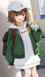 Rule 34 | 1girl, :d, backpack, bag, baseball cap, blush, brown hair, cellphone, commentary request, drawstring, fang, feet out of frame, green eyes, green jacket, hair between eyes, hand up, haru (kuzuyu), hat, highres, holding, holding phone, hood, hood down, hoodie, indoors, jacket, komori kuzuyu, long sleeves, looking at viewer, notice lines, open clothes, open jacket, open mouth, original, phone, puffy long sleeves, puffy sleeves, sleeves past wrists, smile, solo, v, white hat, white hoodie
