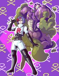 1boy absurdres black_bodysuit bodysuit bodysuit_under_clothes creatures_(company) flower game_freak gen_1_pokemon gloves highres james_(pokemon) jojo_no_kimyou_na_bouken lluisabadias nintendo pokemon pokemon_(anime) pokemon_(creature) rose smoke stand_(jojo) standing team_rocket team_rocket_uniform weezing