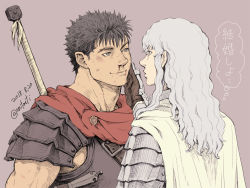 Rule 34 | 2boys, androgynous, armor, berserk, black hair, blood, blue eyes, brown eyes, cape, couple, dragonslayer (sword), enaki (mtmti), griffith (berserk), guts (berserk), hand on another&#039;s cheek, hand on another&#039;s face, long hair, looking at another, male focus, multiple boys, muscular, nosebleed, pauldrons, scar, scar on face, scar on nose, scarf, short hair, shoulder armor, toned, toned male, translation request, twitter username, upper body, wavy hair, white cape, white hair