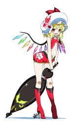Rule 34 | 1girl, alternate costume, blonde hair, boots, female focus, flandre scarlet, flat chest, full body, hat, high heels, hyouju issei, looking at viewer, midriff, navel, race queen, red eyes, shoes, short hair, shorts, simple background, smile, solo, touhou, white background, wings