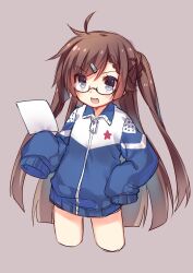 Rule 34 | 1girl, absurdres, ahoge, alternate costume, blue eyes, blue jacket, brown hair, commentary request, cropped legs, fang, girls&#039; frontline, glasses, hair ornament, hairclip, hand on own hip, highres, holding, holding paper, jacket, long hair, looking at viewer, no pants, open mouth, paper, semi-rimless eyewear, shenbei xiaoqiu, simple background, sleeves past fingers, sleeves past wrists, solo, track jacket, type 59 (girls&#039; frontline), under-rim eyewear, very long hair
