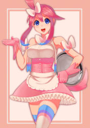Rule 34 | 10s, 1girl, apron, armband, blue eyes, blue hair, blush, bow, breasts, cosplay, creatures (company), game freak, gen 6 pokemon, gloves, gym leader, hair bow, hair ornament, large breasts, maid, maid apron, matching hair/eyes, multicolored hair, nintendo, open mouth, pink background, pokemon, pokemon bw, pokemon xy, ponytail, red hair, ribbon, short hair, side ponytail, sidelocks, simple background, skirt, skyla (pokemon), smile, solo, standing, striped clothes, striped thighhighs, sylveon, sylveon (cosplay), tail, thighhighs, toranoe, tray, waitress