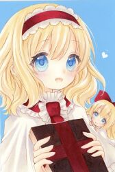 Rule 34 | 1girl, alice margatroid, blonde hair, blue background, blue eyes, book, bow, capelet, closed mouth, commentary request, doll, grimoire of alice, hair bow, hairband, heart, holding, holding book, light blush, lolita hairband, long hair, looking at viewer, marker (medium), medium hair, open mouth, red bow, red hairband, shanghai doll, smile, solo, touhou, traditional media, white capelet, yuuki hana (jtnp5334)