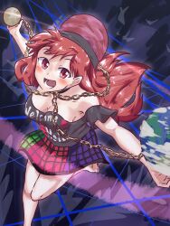 Rule 34 | bare shoulders, barefoot, black shirt, chain, clothes writing, earth (ornament), from above, hecatia lapislazuli, highres, long hair, looking at viewer, moon (ornament), multicolored clothes, multicolored skirt, nocochip main, off-shoulder shirt, off shoulder, plaid, plaid skirt, red eyes, red hair, shirt, skirt, t-shirt, touhou, underworld (ornament)