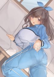 Rule 34 | 1girl, all fours, ass, blue bow, blue pants, blue ribbon, bow, breasts, brown eyes, brown hair, couch, dutch angle, hair ribbon, highres, huge breasts, idolmaster, idolmaster shiny colors, long sleeves, looking at viewer, looking back, open mouth, pants, pantylines, pekoni (peconi), ponytail, ribbon, solo, swept bangs, track suit, tsukioka kogane