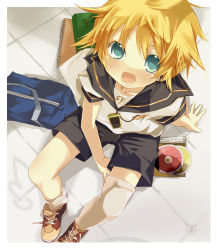 Rule 34 | 1boy, bad id, bad pixiv id, bag, blonde hair, blue eyes, cd, digital media player, earphones, from above, hekicha, kagamine len, kneehighs, male focus, open mouth, shoes, socks, solo, vocaloid
