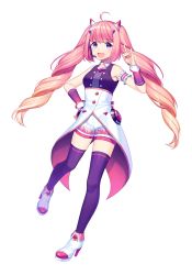 Rule 34 | 1girl, absurdres, ankle boots, bare shoulders, blue eyes, boots, breasts, commentary request, drill hair, fang, full body, high heel boots, high heels, highres, horns, indie virtual youtuber, jacket, jenevan, long hair, looking at viewer, m/, medium breasts, open mouth, original, purple thighhighs, shorts, solo, thighhighs, twin drills, twintails, virtual youtuber, white jacket, white shorts