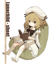 Rule 34 | 1girl, :&lt;, blonde hair, book, bow, bowtie, child, child safety seat, dress, drill hair, female focus, hat, holding, holding book, luna child, open book, reading, ribbon trim, seatbelt, short hair, sitting, socks, solo, touhou, urin, white dress, yellow eyes