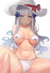 Rule 34 | 1girl, alternate costume, bare shoulders, bikini, blunt bangs, breasts, cameltoe, closed mouth, clothes writing, commentary, cross hair ornament, facial mark, girls&#039; frontline, green eyes, groin, hair ornament, hat, hat ribbon, highres, hk416 (girls&#039; frontline), large breasts, long hair, meow nyang, navel, ribbon, scar, scar across eye, scar on face, simple background, sitting, solo, spread legs, stomach, string bikini, sun hat, sweat, swimsuit, thighs, wet, white background, white hair