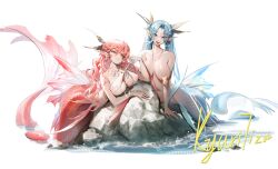 Rule 34 | 2girls, :d, artist name, blue eyes, blue hair, bracelet, breasts, commentary request, fins, head fins, highres, jewelry, kyuri tizu, large breasts, long hair, looking at viewer, mermaid, monster girl, multiple girls, navel, necklace, open mouth, original, pink hair, pointy ears, simple background, smile, water, white background