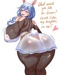 Rule 34 | 1girl, apron, ass, back, bare shoulders, blue hair, blush, bodysuit, braid, breasts, butt crack, curvy, english text, finger to mouth, from behind, heart, highres, hololive, hololive fantasy, huge ass, huge breasts, jewelry, kneepits, lactation, lactation through clothes, long hair, mature female, motion lines, multicolored hair, open mouth, pekomama, rabbit ears, rabbit girl, rabbit tail, red eyes, ring, skin tight, smile, solo, sweat, thick eyebrows, thick thighs, thighs, virtual youtuber, wedding ring, white background, white hair, wide hips, ytrall