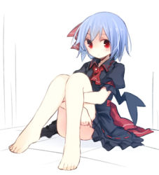 Rule 34 | 1girl, alternate color, barefoot, black dress, blue hair, brooch, dress, full body, hair ribbon, jewelry, kazeharu, knees up, hugging own legs, looking at viewer, no headwear, no headwear, puffy short sleeves, puffy sleeves, red eyes, red neckwear, red ribbon, remilia scarlet, ribbon, short hair, short sleeves, sitting, solo, touhou, white background, wings
