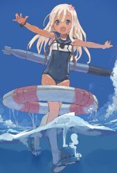 Rule 34 | 1girl, blonde hair, blue eyes, blue sky, crop top, day, flower, full body, hair flower, hair ornament, kantai collection, lifebuoy, long hair, looking at viewer, one-piece swimsuit, one-piece tan, open mouth, outdoors, outstretched arms, ro-500 (kancolle), s.o chin, sailor collar, sandals, school swimsuit, sky, smile, solo, swim ring, swimsuit, swimsuit under clothes, tan, tanline, torpedo, water