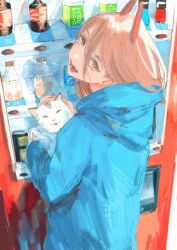 Rule 34 | 1girl, animal, blue hoodie, carrying, cat, chainsaw man, closed eyes, fangs, highres, holding, holding animal, holding cat, hood, hoodie, horns, long hair, looking at viewer, looking back, meowy (chainsaw man), monotone ink, open mouth, pink hair, power (chainsaw man), red horns, sharp teeth, soda bottle, teeth, tongue, tongue out, vending machine, yellow eyes